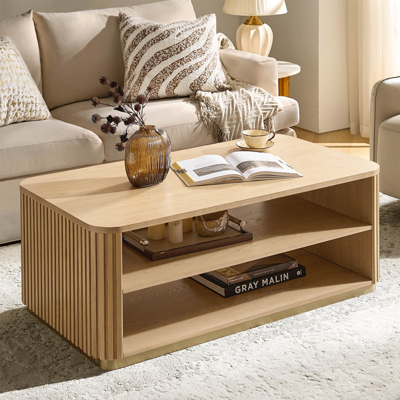 Jadida Natalia Modern 47.5"W Fluted Rectangular Coffee Table with Double-Layer Storage, Oak