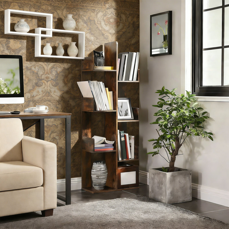 Rustic Brown Tree-Shaped Bookshelf With 8 Storage Shelves, Rounded Corners Bookcase