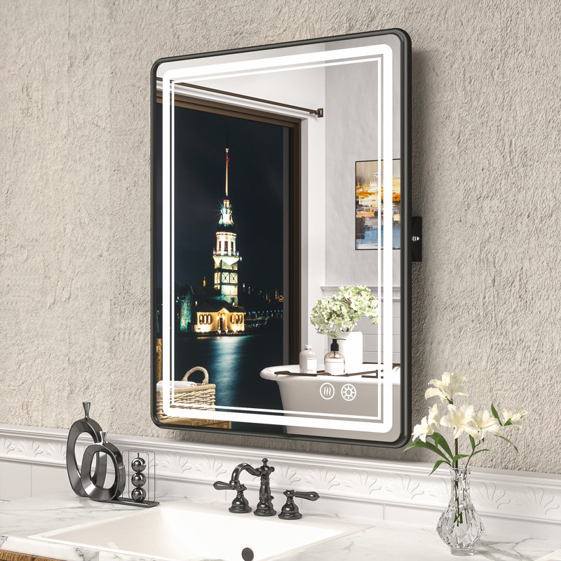 Demetrion Rectangle Lighted Pivot Bathroom Vanity Mirror with Anti-fog and 3 Adjustable Color, Matte Black, 36" x 28"