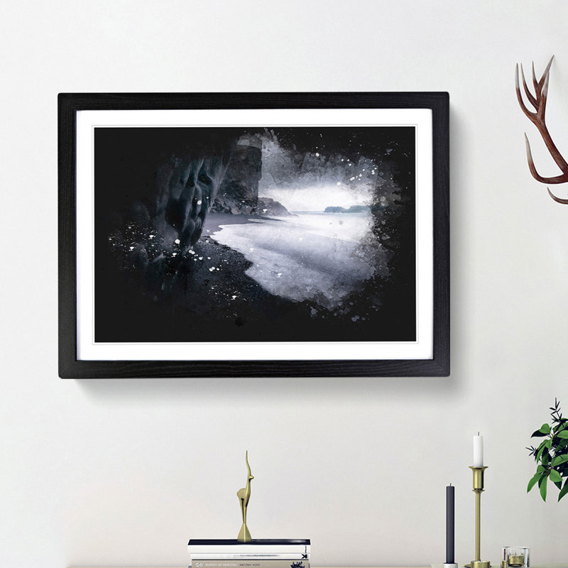 Black Beach in Iceland - Picture Frame Painting Print, 33cm H x 45cm W x 2cm D, Black Framed