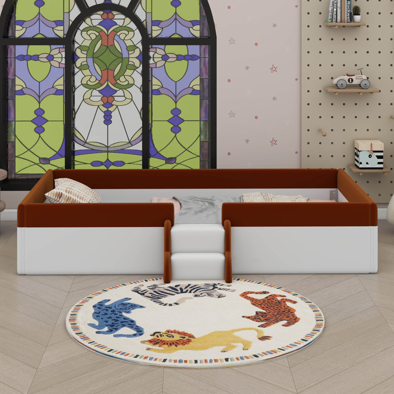 Upholstered Daybed Frame With Fence And Stairs, Brown/White, Twin