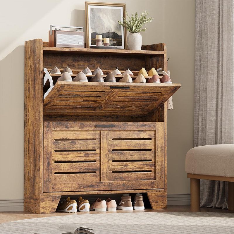 Rustic Brown Wood Shoe Cabinet with Flip Drawers