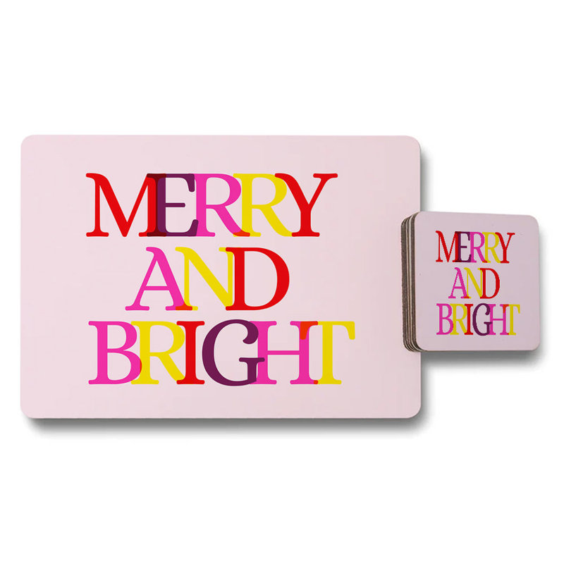 Merry And Bright Pink Placemats And Coasters Set For Holiday Table Decor