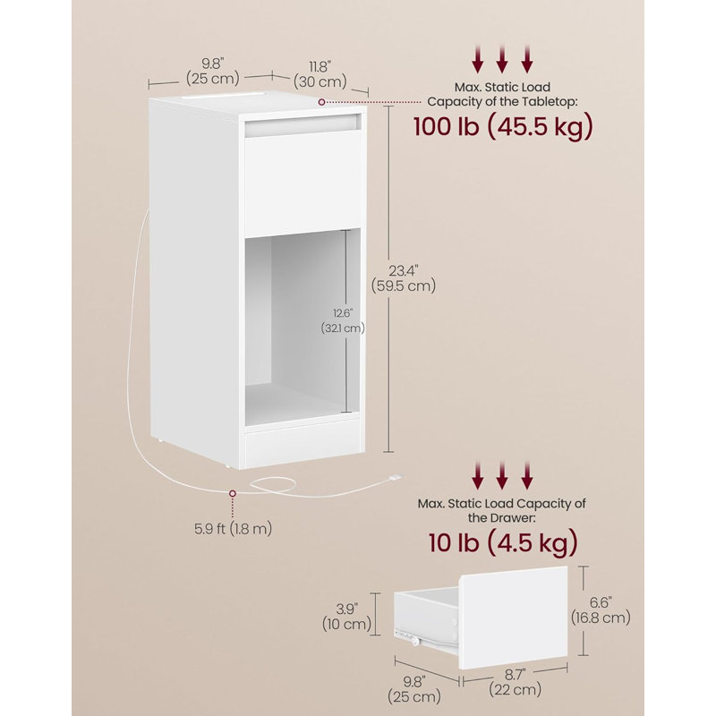 25cm W Particle Board Bedside Table, White