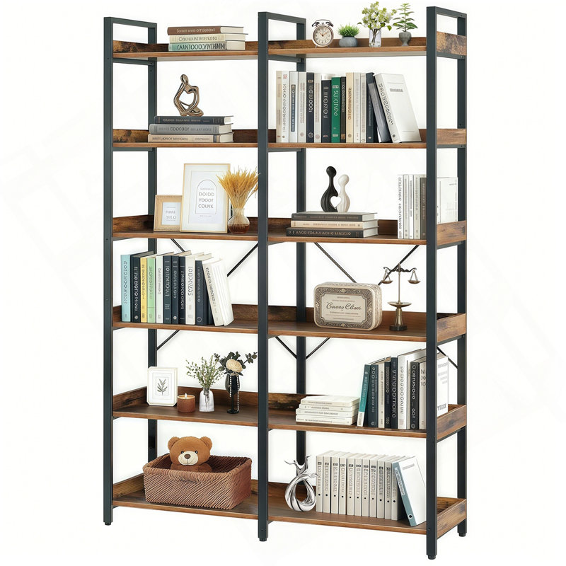 6-Tier Industrial Bookshelf, 67" Wooden Bookshelf With Open Shelves, Freestanding Metal Frame Bookcase For Storage And Display, Modern Book Shelves For Bedroom, Living Room And Home Office, Brown