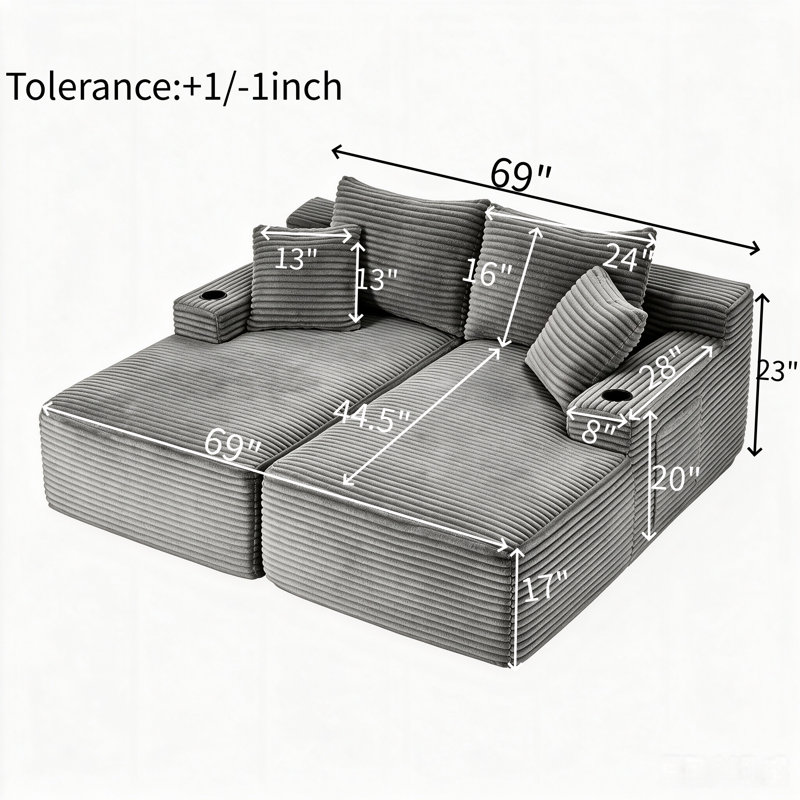 Chaise longue double compressible avec porte-gobelets, Orange Corduroy, Orange