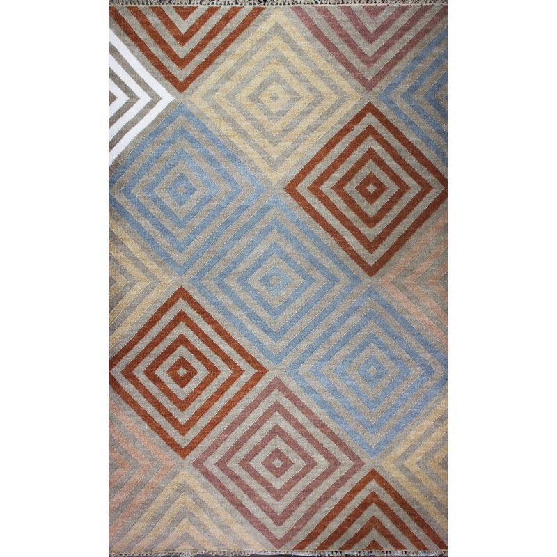 Tapis décoratif or noué à la main à motif géométrique Patridge, Rectangle de 5 pi x 8 pi