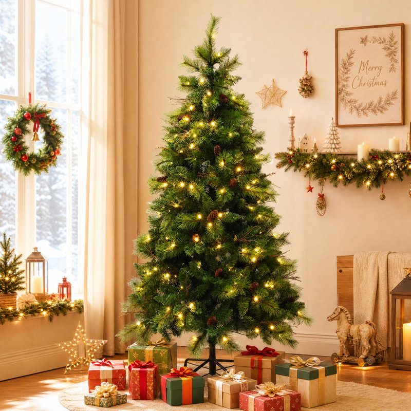 Sapin de Noël artificiel de 1,80 m en pin mélangé avec des pommes de pin, des branches, des guirlandes lumineuses DEL et un support en métal