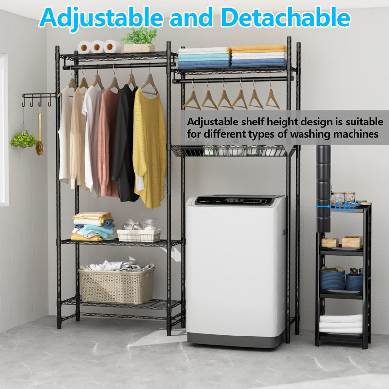 Black Adjustable Over Washer and Dryer Storage Shelf with Hooks