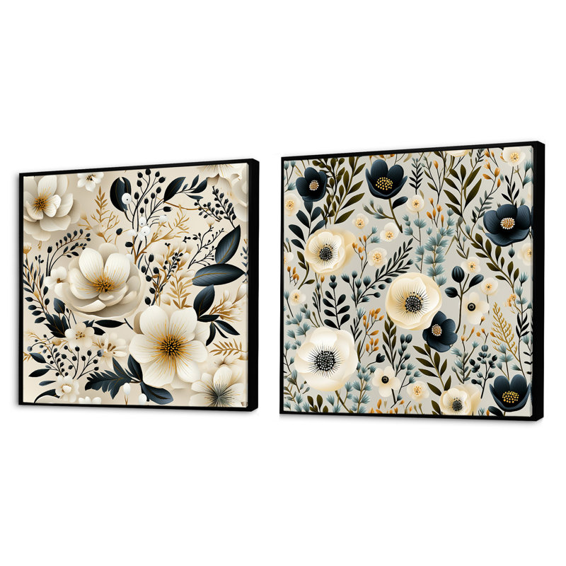 Blakely - Ensemble de 2 collages carrés floraux, Cadre flottant noir, H 16 po x l 33 po