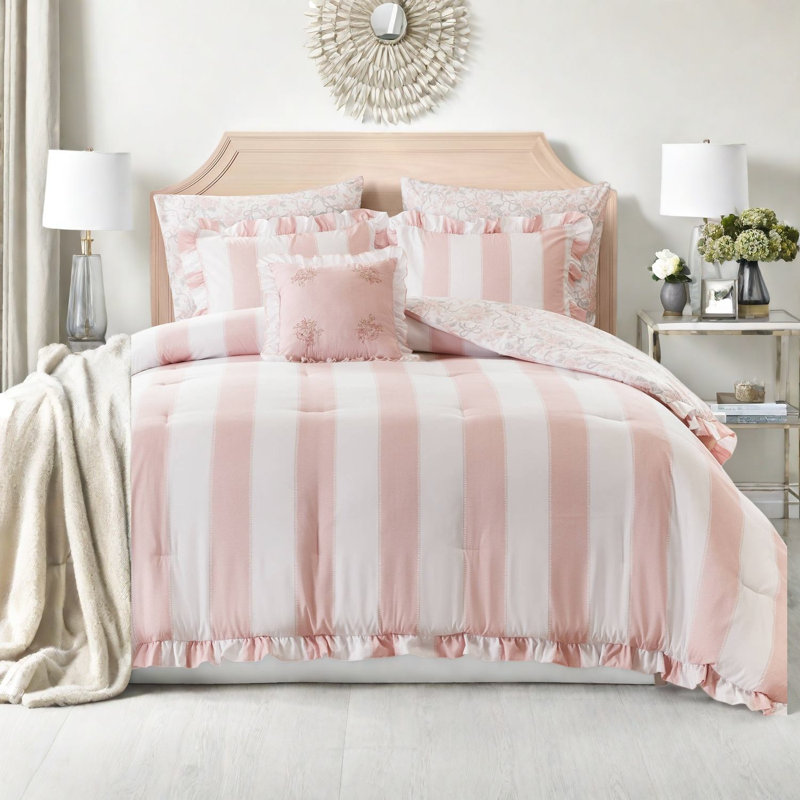 De literie rose à pièces multiples, édredon double en microfibre à volants