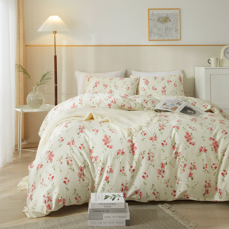 Cotton Floral Duvet Cover Set, Light Yellow Floral, Full Duvet Cover + 2 Standard Shams
