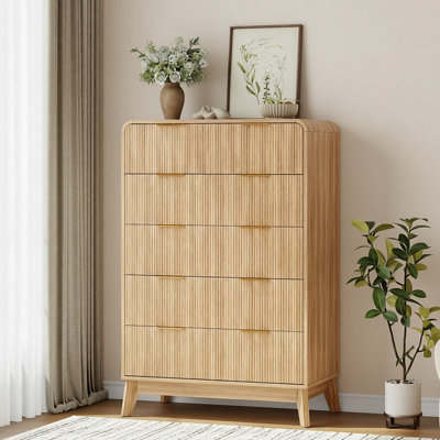 Glorine Fluted Design 5-Drawers Dresser Organizer, Wood Tall Chest of Drawers