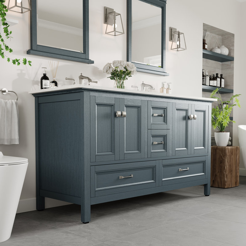 Ensemble de meuble-lavabo simple 28 po Alberthe, Bleu cendré, Quartz - blanc de Carrare