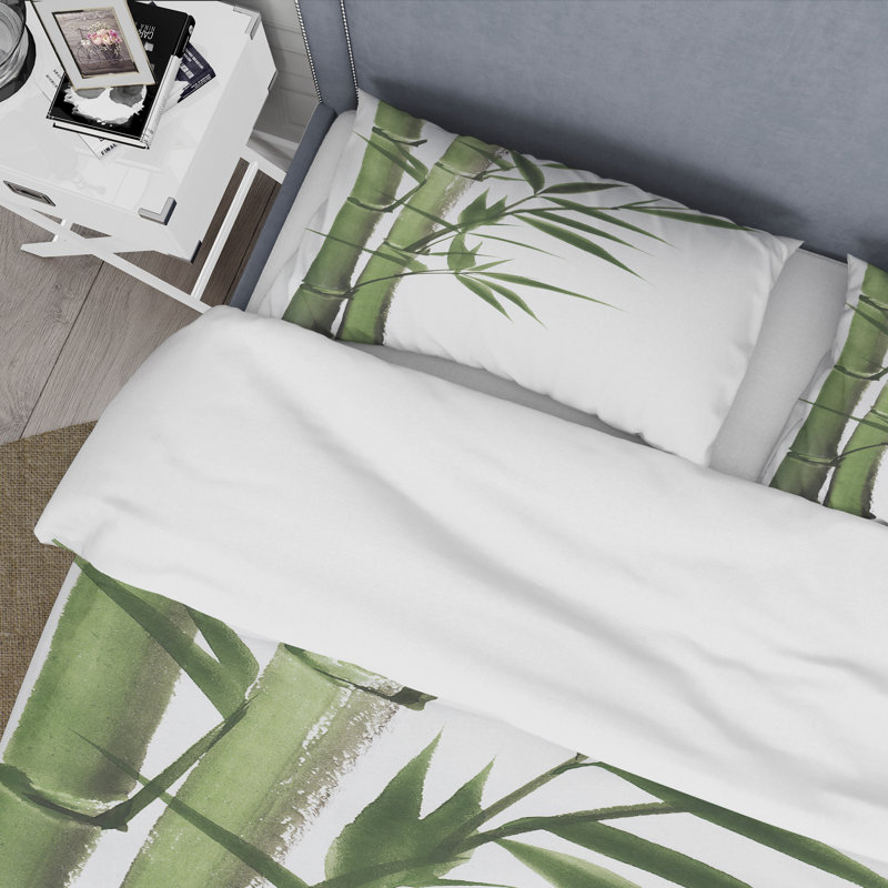 Détail de bambou vert foncé I - ensemble de housse de couette traditionnel - microfibre de polyester