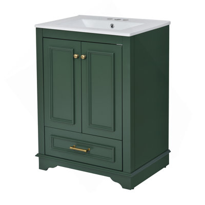 Meuble-lavabo 24 po avec lavabo en céramique, armoire de rangement autoportante moderne avec poignées argentées, portes à fermeture douce