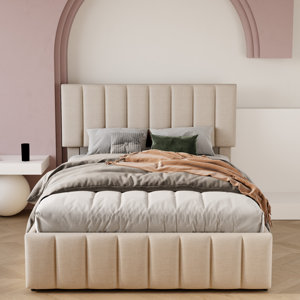 Juhi Upholstered Tufted Linen Platform Bed with Lift-up Storage and Reinforced Slat Support