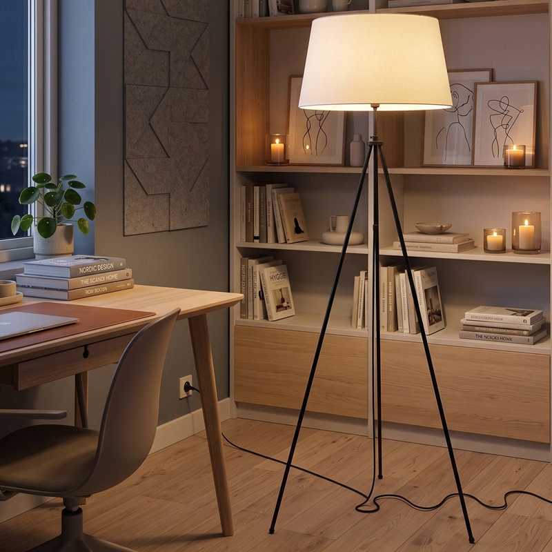 Lampe trépied sculpturale à abat-jour tambour