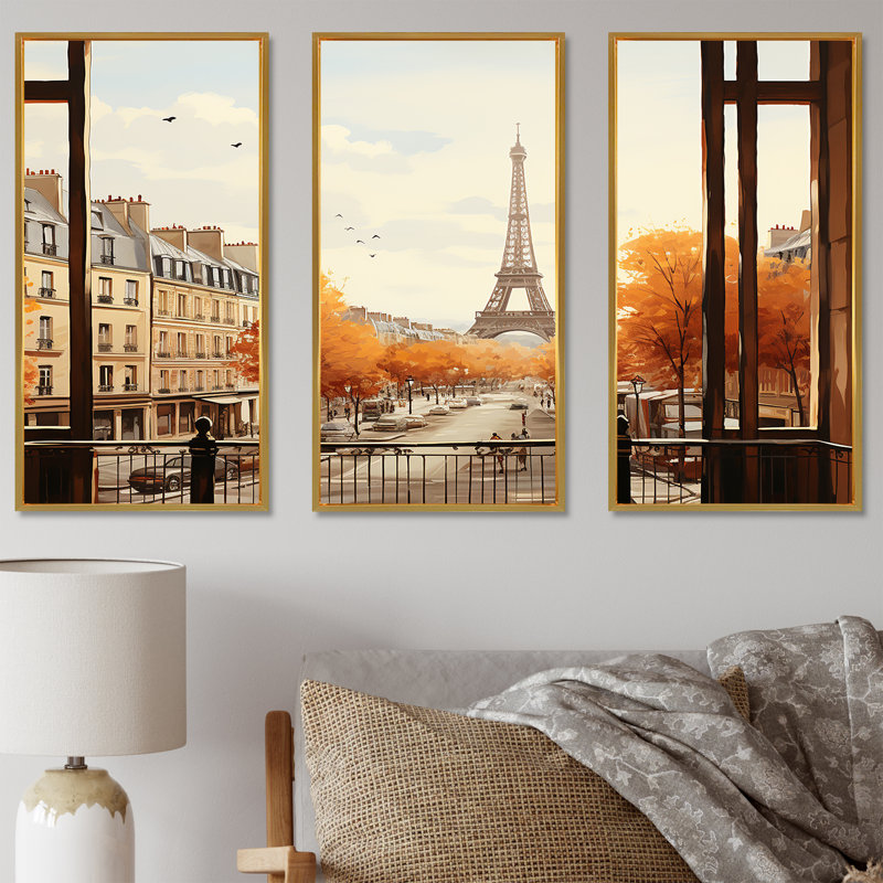 Rustic Eiffel Tower Paris Window View III - City Paris Wall Art, Gold Floater Framed, 32" H x 48" W x 1" D