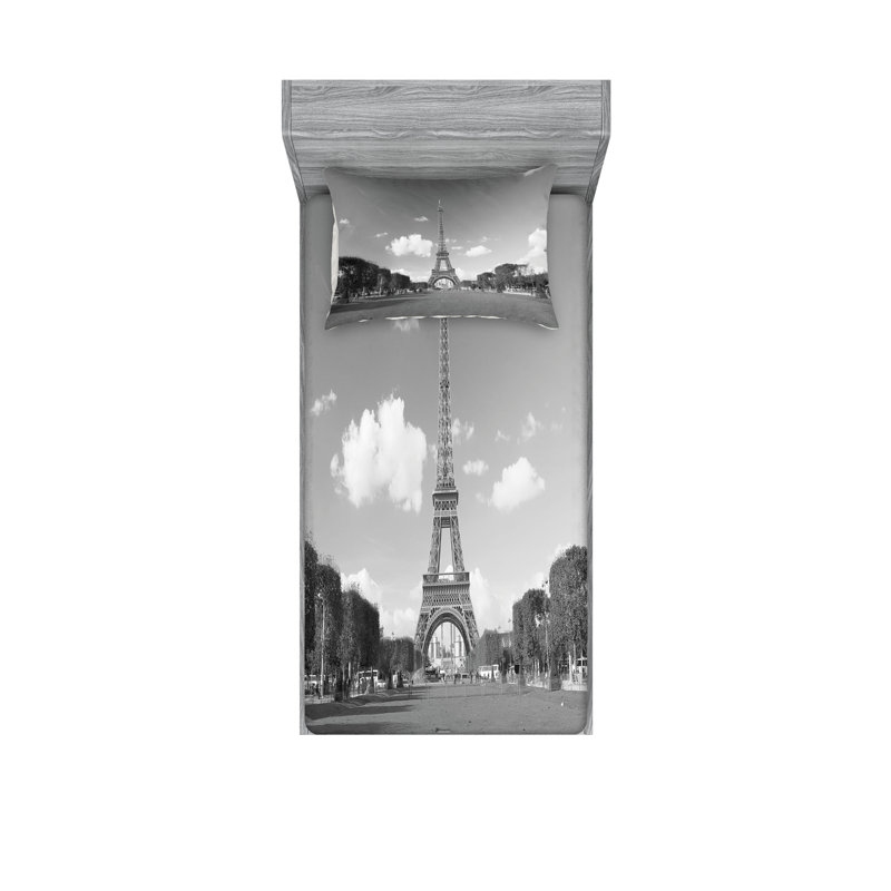 Drap-housse et coussin décoratif Ambesonne Tour Eiffel gris, Ensemble de draps pour lit simple + 3 pièces supp