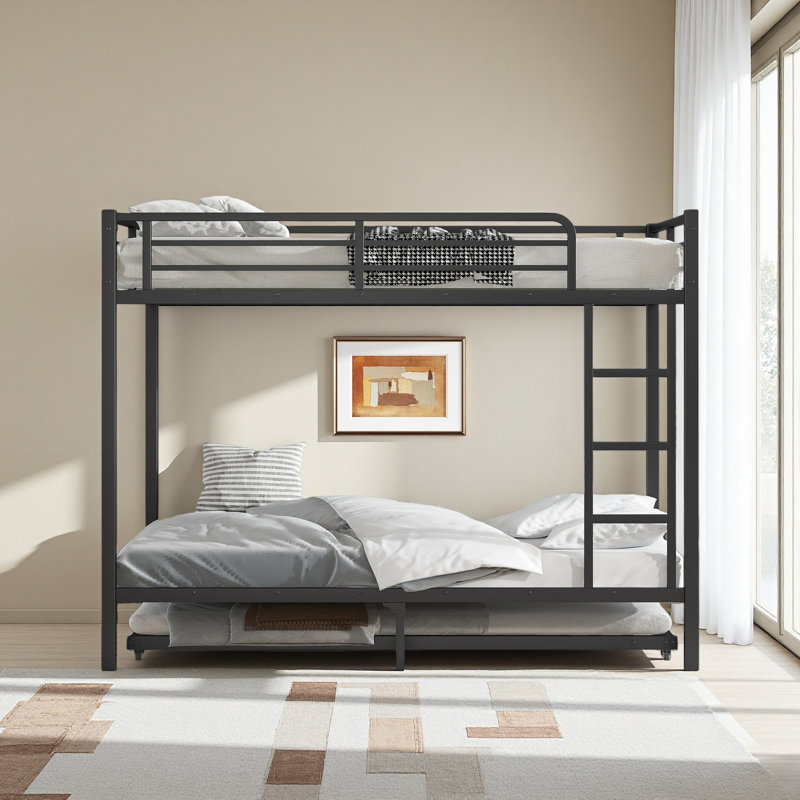 Full Over Full Metal Bunk Bed With Twin Size Trundle, Full over Full