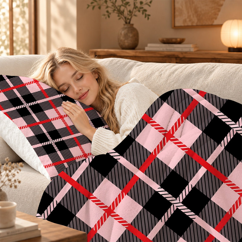 Premium Flannel Lightweight Blanket & 2 Pillow Shams Set with Red, Black & Pink Geometric Plaid, Ultra-Soft & Warm Cozy Bedding Set for All-Season, 60" x 80" Blanket + 2 Pillowcases Anti-Pilling & Machine Washable(Set of 3)