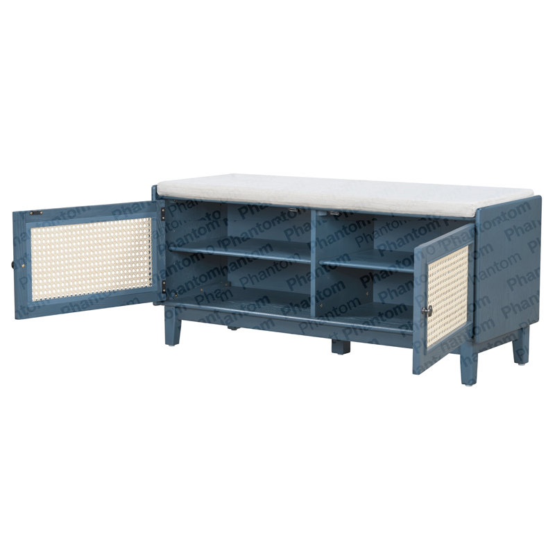 Boho Rattan Entryway Bench With Storage, Cushioned Shoe Bench With Double Doors, Wooden Shoe Organizer Bench For Entryway And Hallway (Antique Navy+Beige )