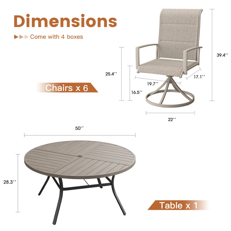 Ensemble repas pour 6 personnes avec table de salle à manger ronde et chaises pivotantes rembourrées