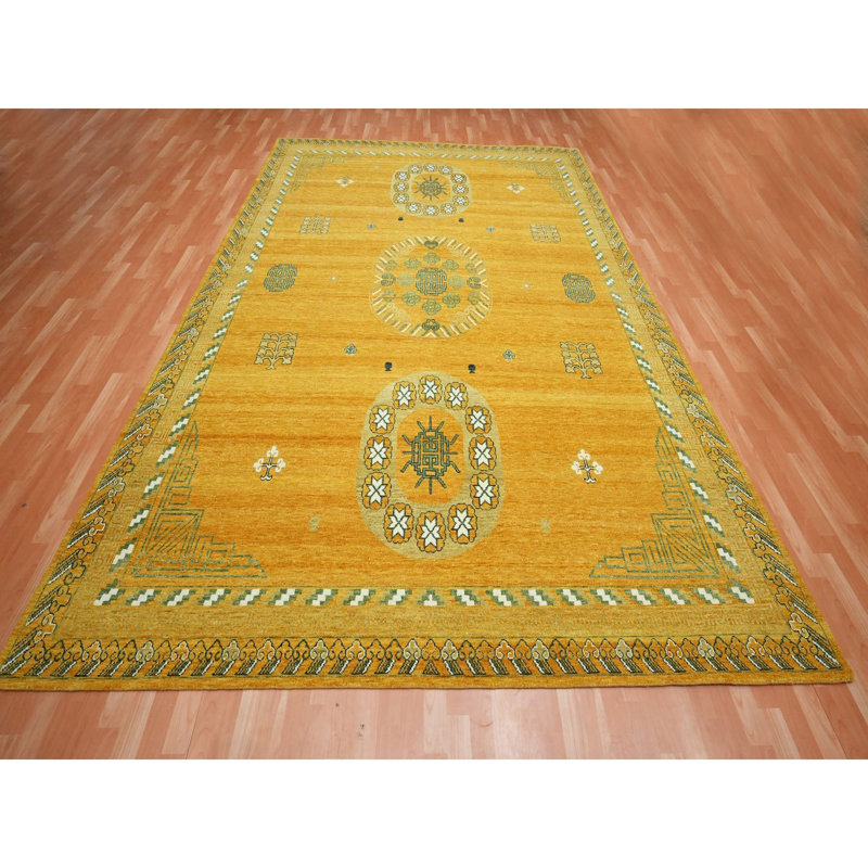 Tapis oriental 9 pi x 12 pi 4 po jaune doré, motif Khotan, noué à la main, 100% laine, rasé à poils courts, dense