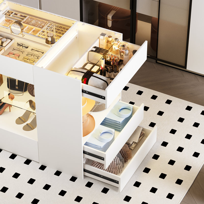 Modern Closet Island with Showcase, LED Lighting and Ample Storage, White