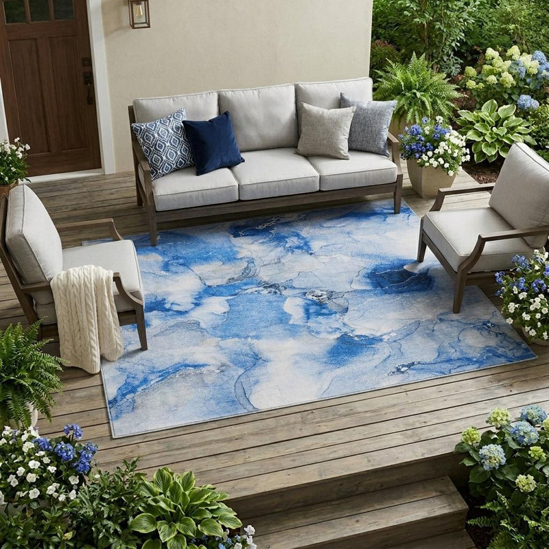 Tapis d'extérieur lavable abstrait bleu marine 10 pi x 14 pi