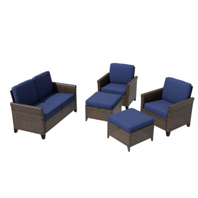 5-Piece Mix Brown Rattan Patio Outdoor Wicker Spacious Lounge Chair Conversation Set Sofa Seating Group with Cushion -  Latitude Run®, 6D714071639F475A979090D8FFD3BCA9