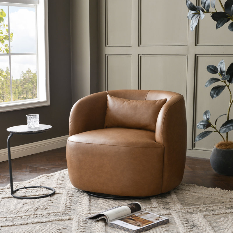 Faux Leather Upholstered Swivel Armchair With Ottoman, Camel