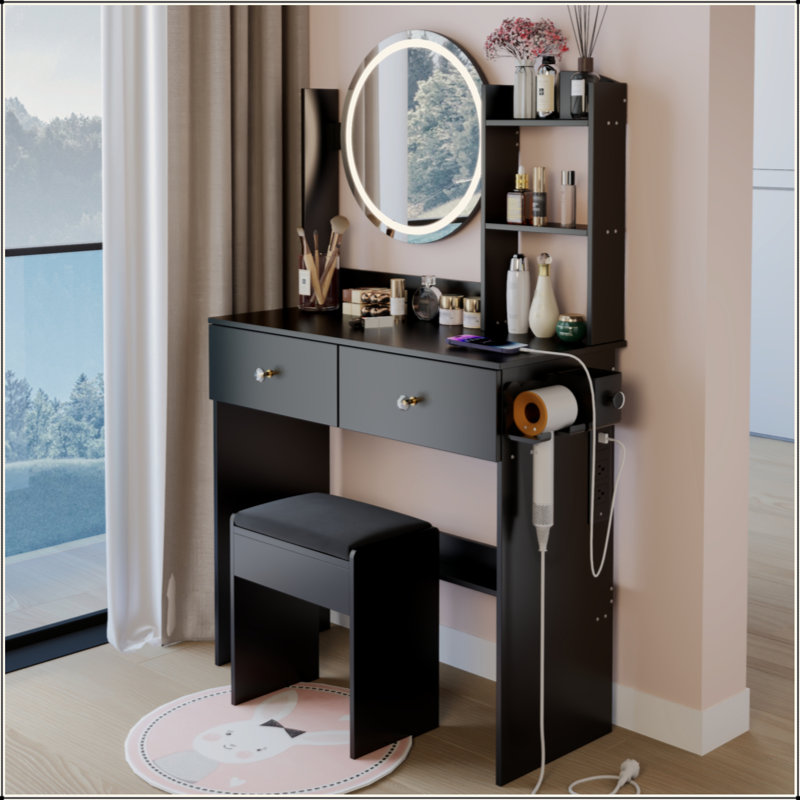 17" Round LED Mirror Vanity Table+Cushioned Stool, Equipped With 2 AC+2 USB Power Socket, Big Mirror, Touch Switch, 3 Colors, Adjustable Brightness, Large Desktop, Multi-Layer High Capacity Storage