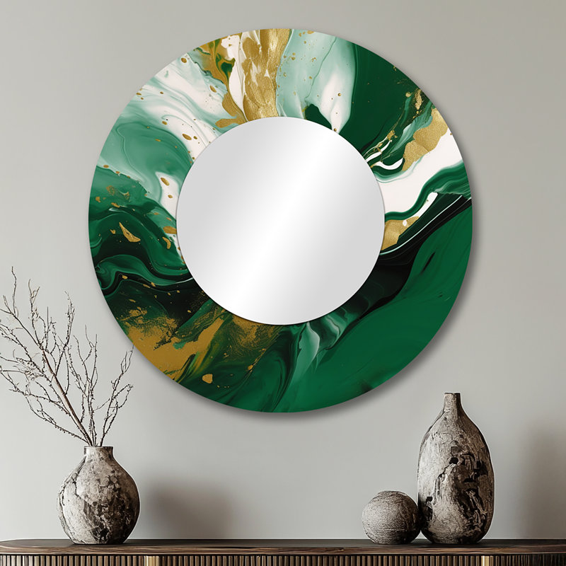 Vert et or liquide Magic II - miroir mural unique abstrait, miroir rond vert, impression d'art en métal, 29 po x 29 po