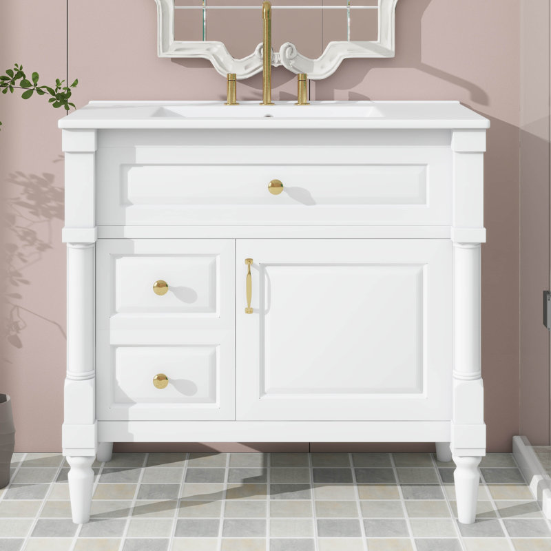 Meuble-lavabo autoportant de 36 pouces avec lavabo, lavabo en céramique, tiroir rabattable, tablette ajustable, structure en bois d'hévéa