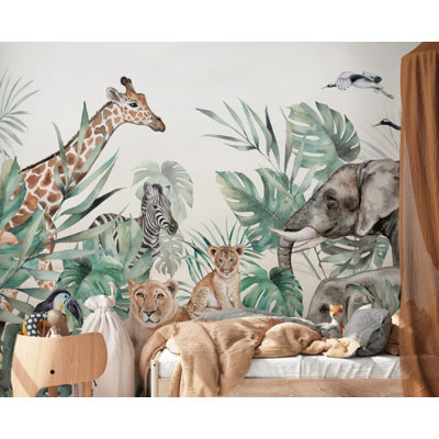 Tropical Safari Animals Wall Mural | Giraffe Elephant and Lion Jungle Wallpaper | Non-Woven or Peel and Stick
