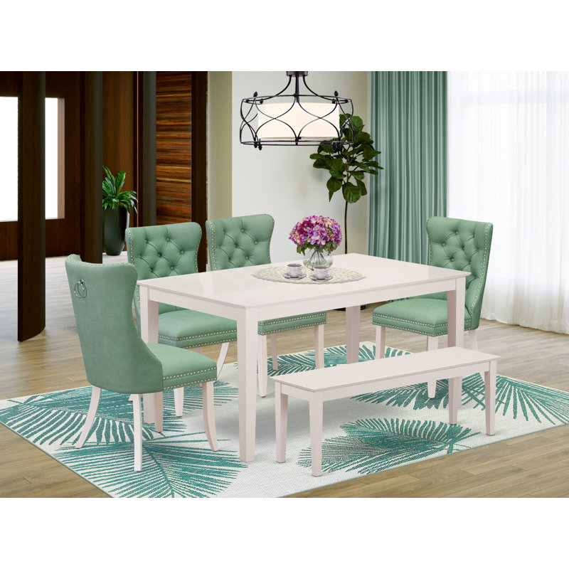 Ensemble de salle à manger 6 pièces comprenant une table de salle à manger rectangulaire et 4 chaises rembourrées en tissu de polyester avec banc, lin blanc