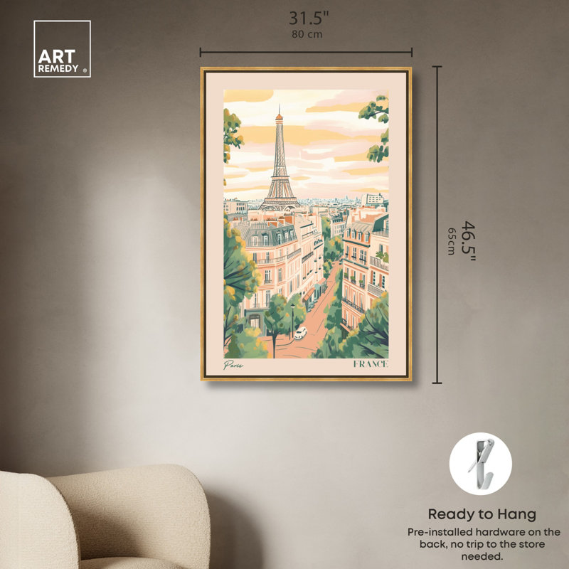 «Soft Spring Paris», toile de voyage par Art Remedy, Cadre doré, H 46 po x l 31 po
