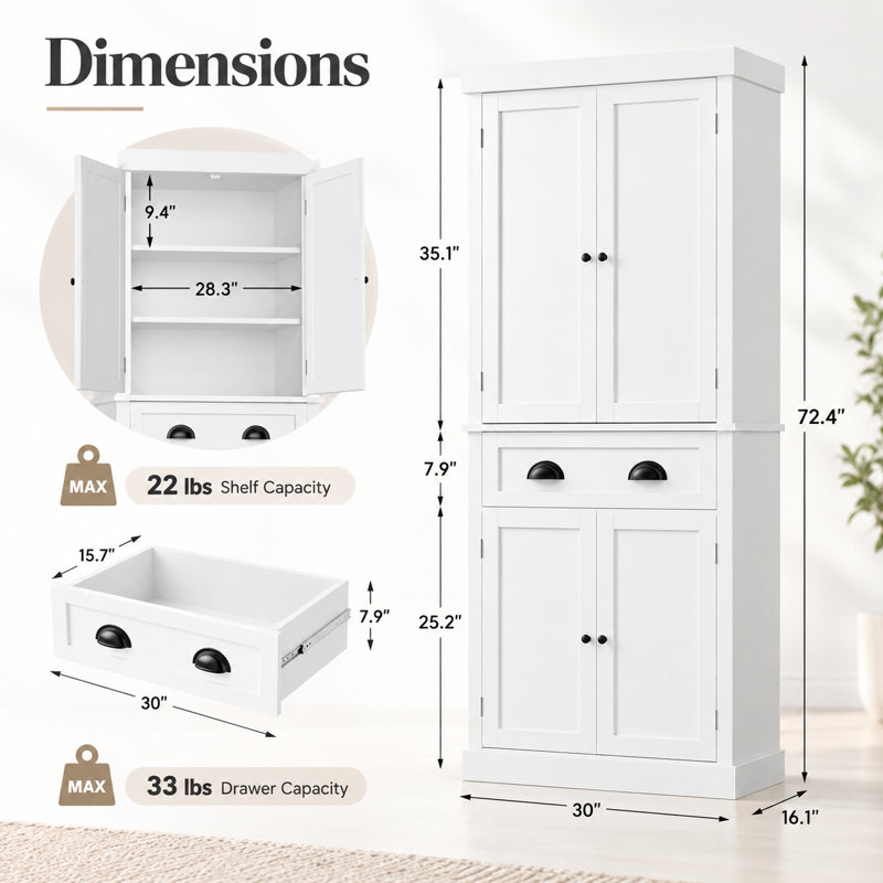 Meuble de salle de bain haut en bois autoportant, meuble de rangement avec portes, tiroir et étagères réglables