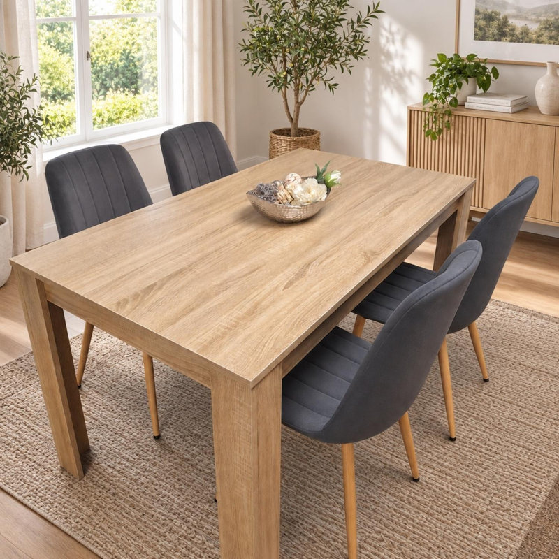 Light Wood-Effect Dining Table Set with Grey Velvet Chairs