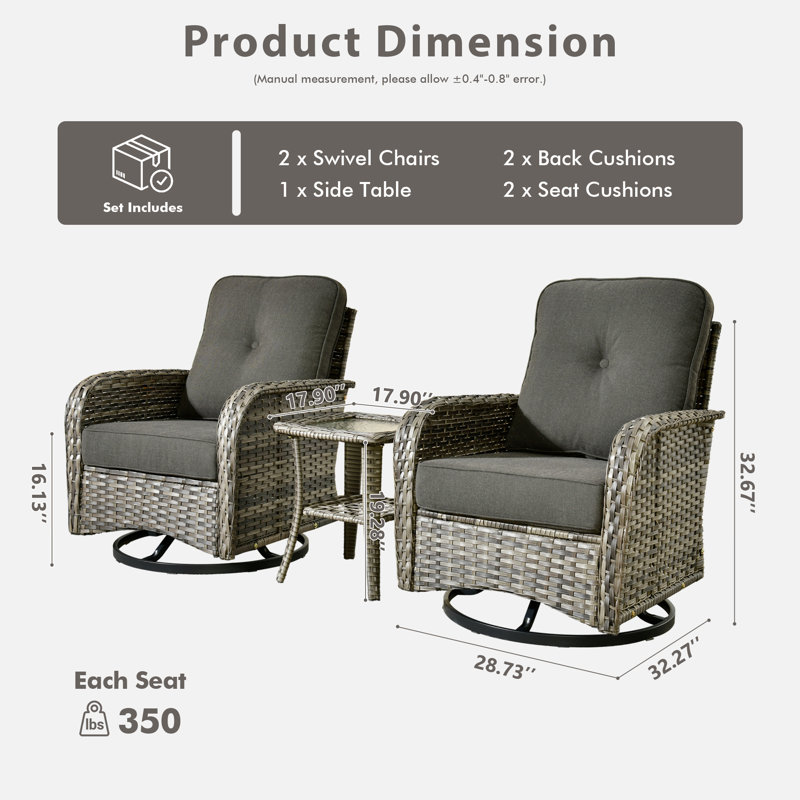 Chaises d'extérieur en osier pour 2 personnes avec table d'appoint Allcot pour 2 personnes, Noir