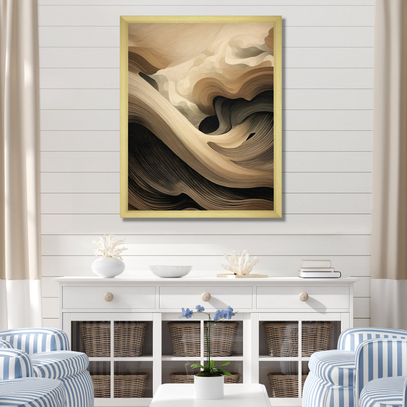 Vagues abstraites en beige et noir rétro - imprimé, H 44 po x l 34 po x P 1,5 po, Cadre photo doré simple