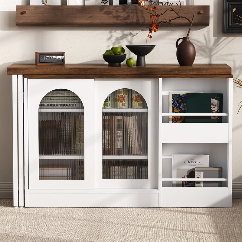 Table de bar moderne, table de bar rotative extensible à 360 ° avec rangement, table de bar réversible avec porte d'armoire en verre, table de bar pour meuble-bar de cuisine