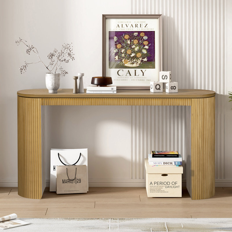 59.2" Large Curved Console Table with Unique Vertical Stripe Design, Natural