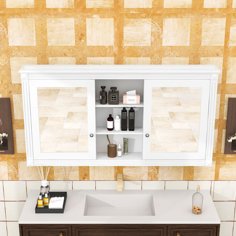 Armoire à pharmacie élégante avec miroir double, tablettes réglables et charnières à fermeture en douceur, Blanc