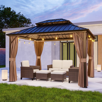 Hardtop Double Roof Aluminum Patio Gazebo with Netting & Curtains