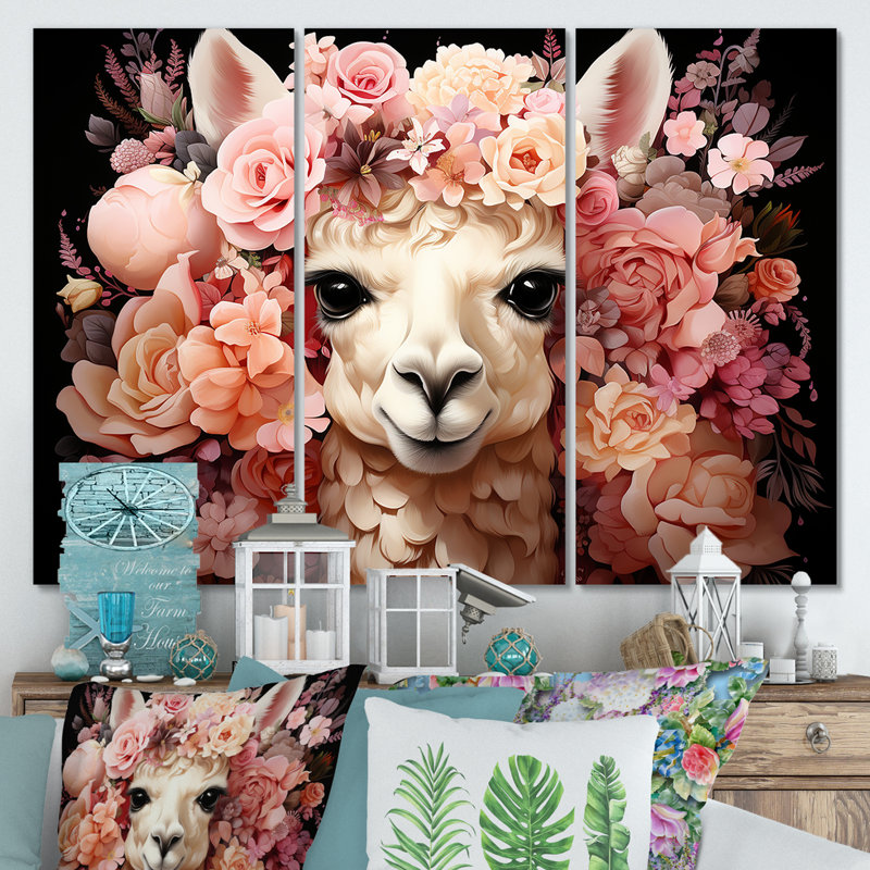 Fleur rose, couronne d'alpaga, art mural, H 28 po x l 36 po x P 1 po, Toile tendue