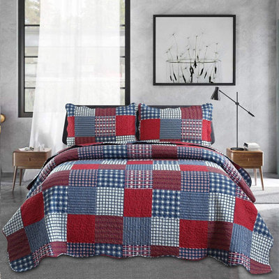 Twin Size Plaid Quilt Set, Red Blue White Patchwork Coverlet Bedspread, Soft Lightweight Reversible Country Style Bedding Set With 2 Pillow Shams
