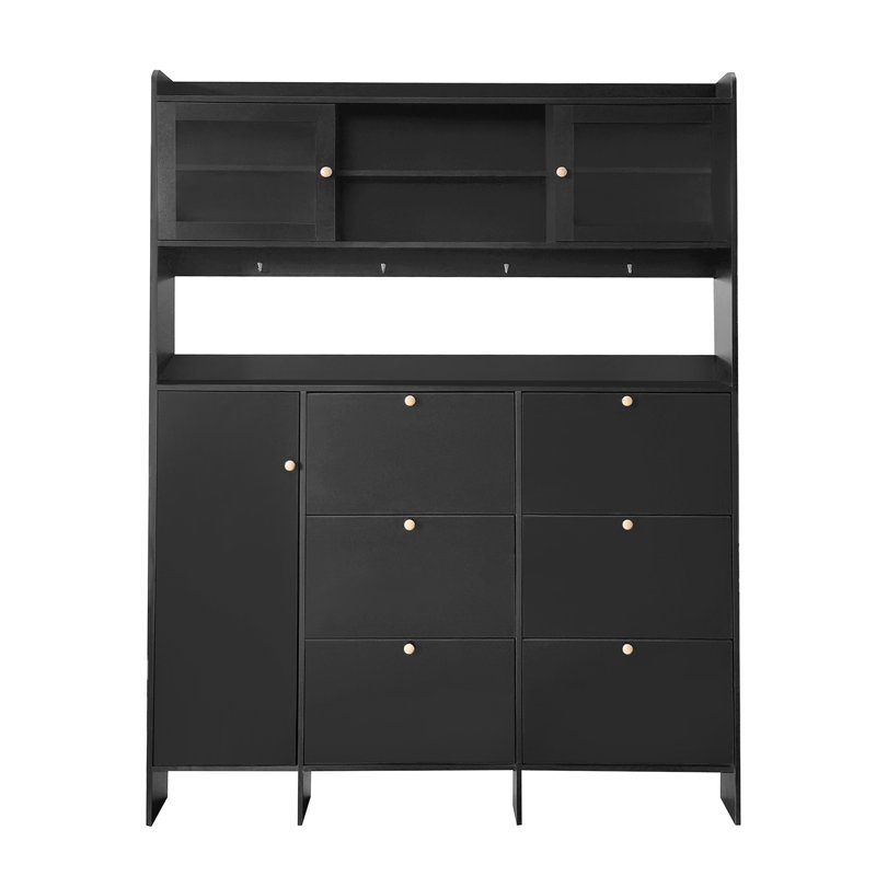 Multifunctional Tipping Bucket Shoe Cabinet With Storage Shelf & 6 Flip Drawers, Large Hall Tree With Tempered Glass Doors, Foyer Cabinet With 4 Hooks For Hallway